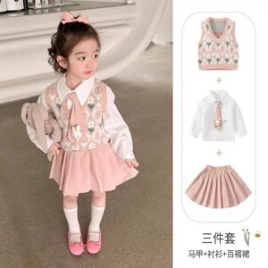 Little Girl's Three-Piece Preppy Style Knitted Vest - y368 - 图片 2
