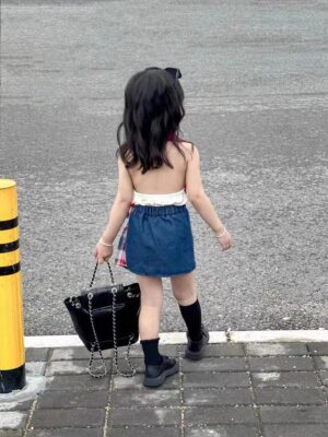 y389 - Sleeveless Top Denim Shorts Skirt - 图片 2