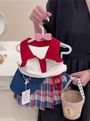 y389 - Sleeveless Top Denim Shorts Skirt - 图片 3