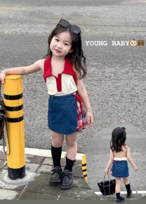y389 - Sleeveless Top Denim Shorts Skirt - 图片 1