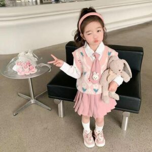 Little Girl's Three-Piece Preppy Style Knitted Vest - y368 - 图片 1