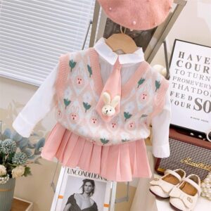 Little Girl's Three-Piece Preppy Style Knitted Vest - y368 - 图片 3