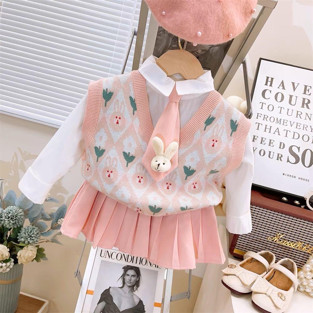 Little Girl's Three-Piece Preppy Style Knitted Vest - y368 - Image 3