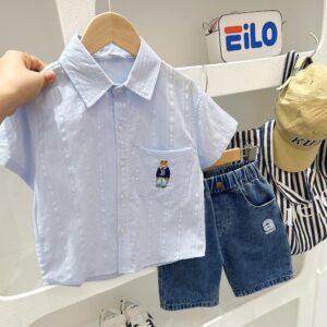 y418 - Bear Short-sleeve Solid Color Shirt - 图片 6