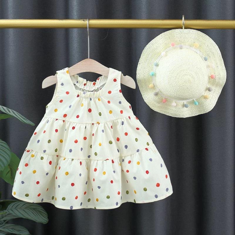 y517 - Baby Girl Colorful Polka Dots Sleeveless Dress With Hat - Image 1