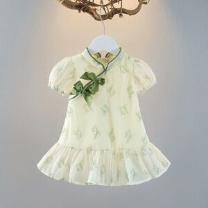 y516 - CNY Collections _ Chinese Style Cheongsam Double Ribbon Short Sleeves Flowers Dress - 图片 6