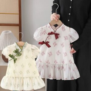 y516 - CNY Collections _ Chinese Style Cheongsam Double Ribbon Short Sleeves Flowers Dress