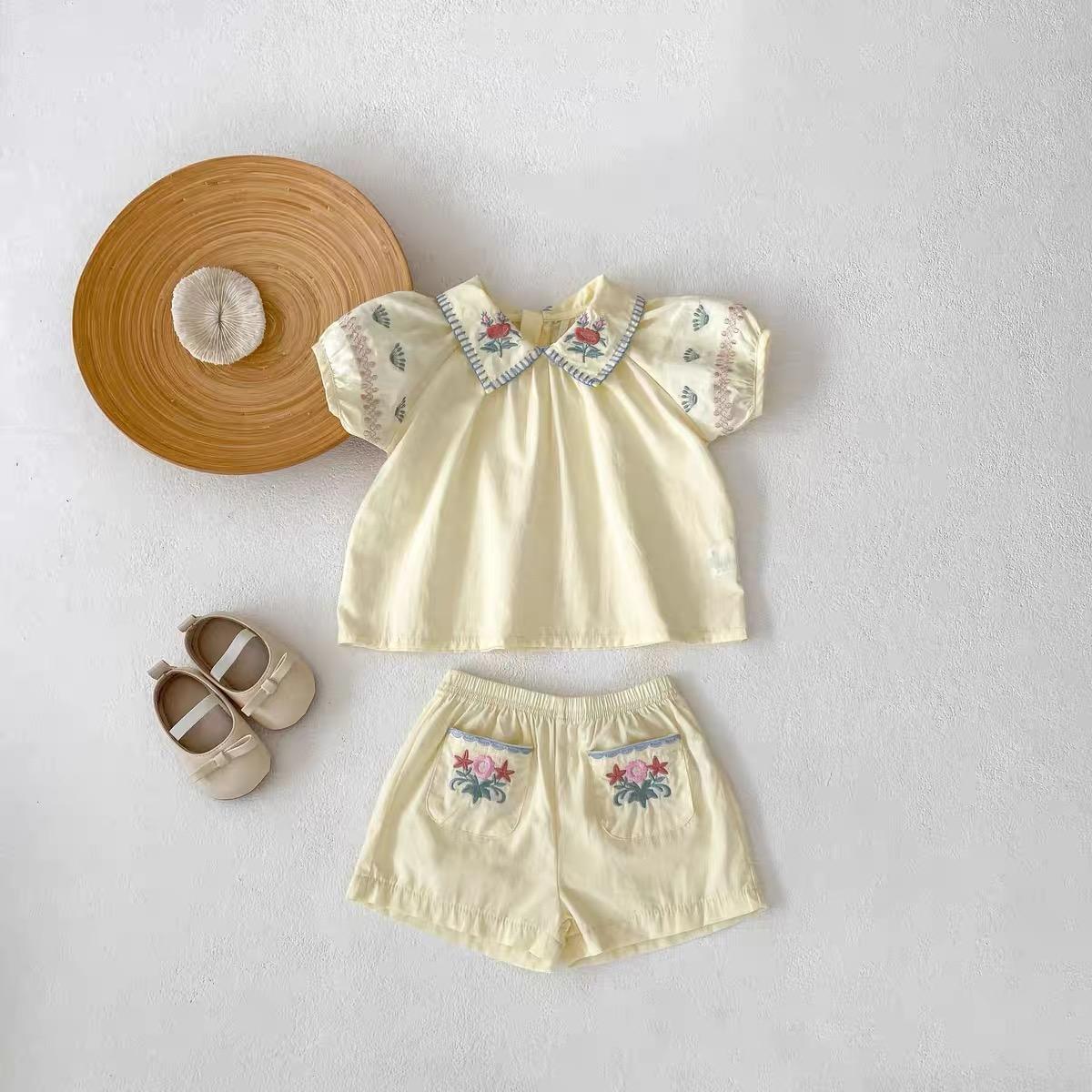 y730 - Flower Embroidered Lapel Short Sleeve Top Set - Image 3