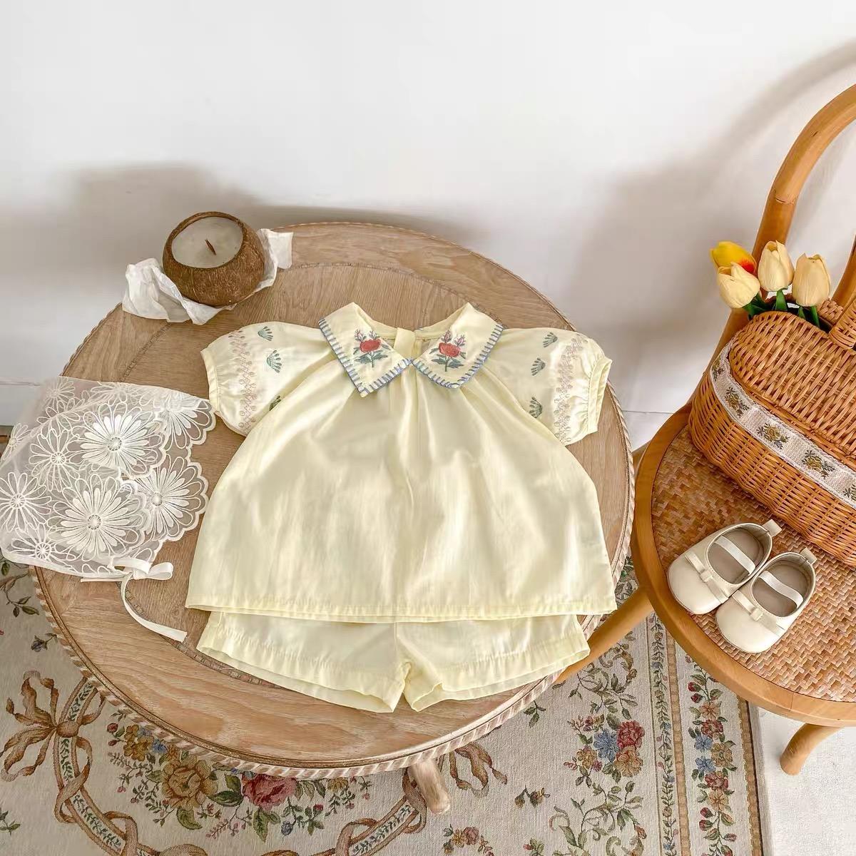 y730 - Flower Embroidered Lapel Short Sleeve Top Set - Image 1