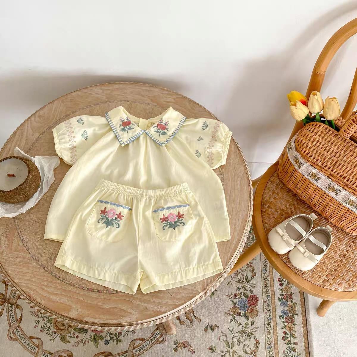 y730 - Flower Embroidered Lapel Short Sleeve Top Set - Image 5
