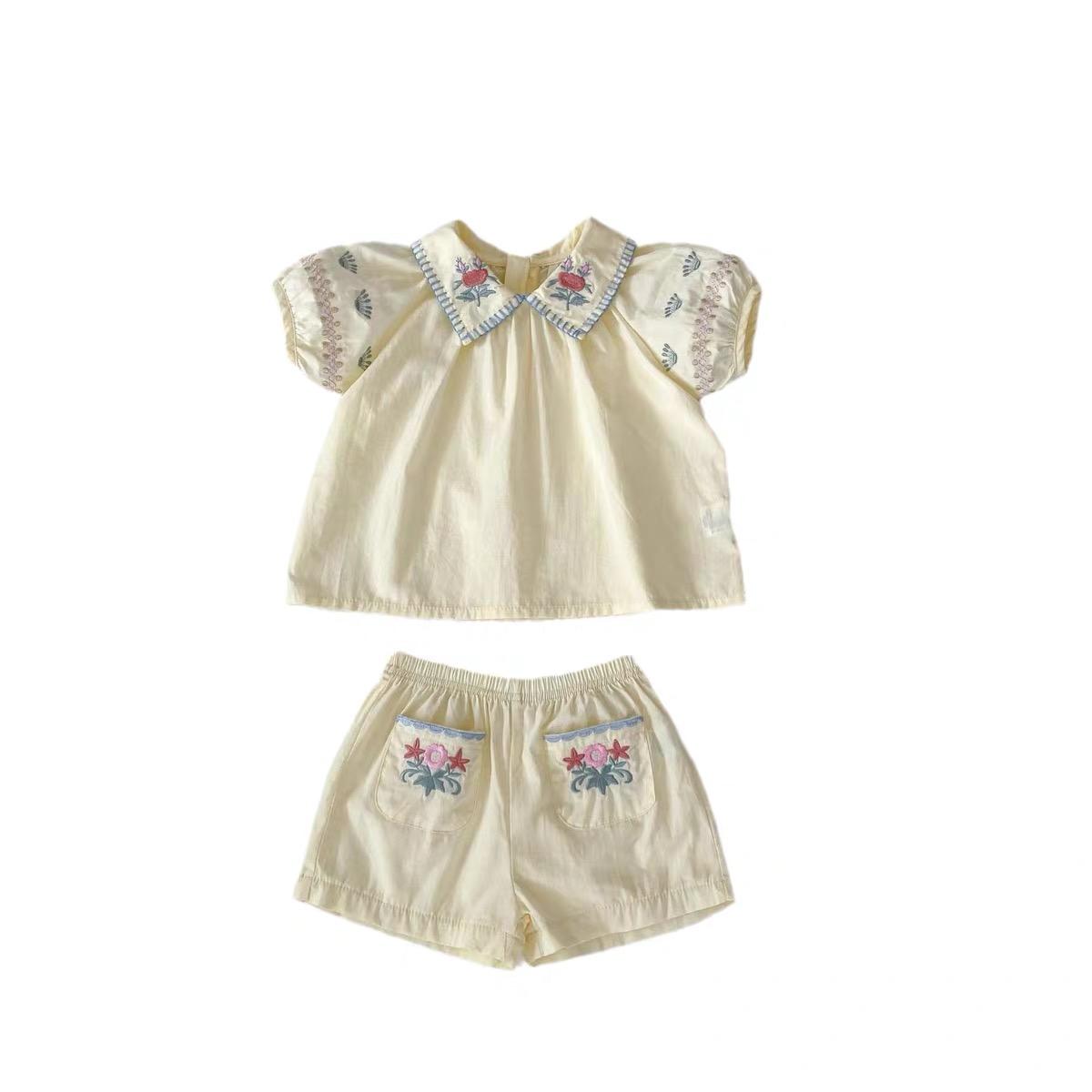 y730 - Flower Embroidered Lapel Short Sleeve Top Set - Image 6