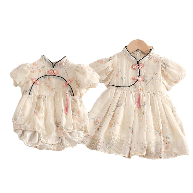 y584 - CNY Collections _ Golden Thread Embroidery Flowers Cheongsam Puff Sleeves Romper & Dress - Image 1