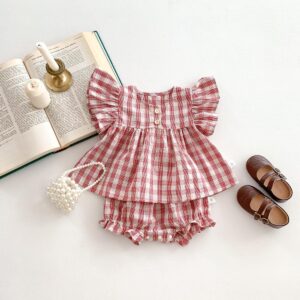 y721 - Cotton Thin Plaid Short Sleeve Shorts Set - Image 4