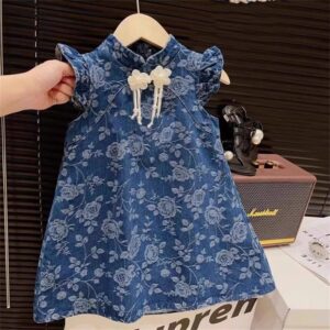 y604 - CNY Collections - Denim Flying Sleeves Cheongsam Dress - 图片 5