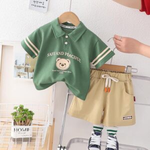 y613 - "Safe and Peaceful" Bear Polo Short Pant Set - 图片 3