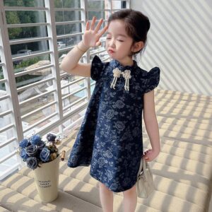 y604 - CNY Collections - Denim Flying Sleeves Cheongsam Dress - 图片 3