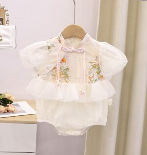 y569 - CNY Collections _ Chinese Style Flower & Fan Puff Sleeves Romper