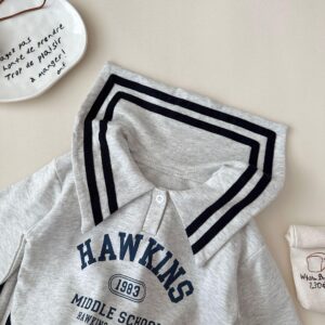 y745 - Striped Lettering Navy Collar Long-Sleeved Top And Pants Set - 图片 11