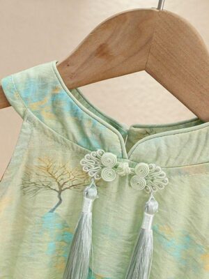 y657 - CNY Collections(Girls) _ Landscape Painting Green Romper - Image 3