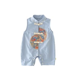 y637 - CNY Collections _ Chinese Style Light Blue Dragon Short Sleeves Jumper - 图片 5