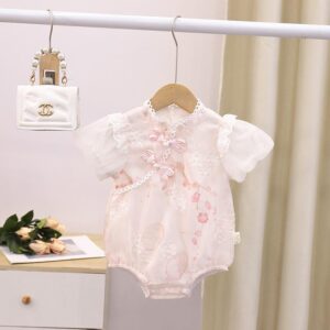 y566 - CNY Collections _ Chinese Style Beige & Pink Plum Blossom Romper - 图片 2