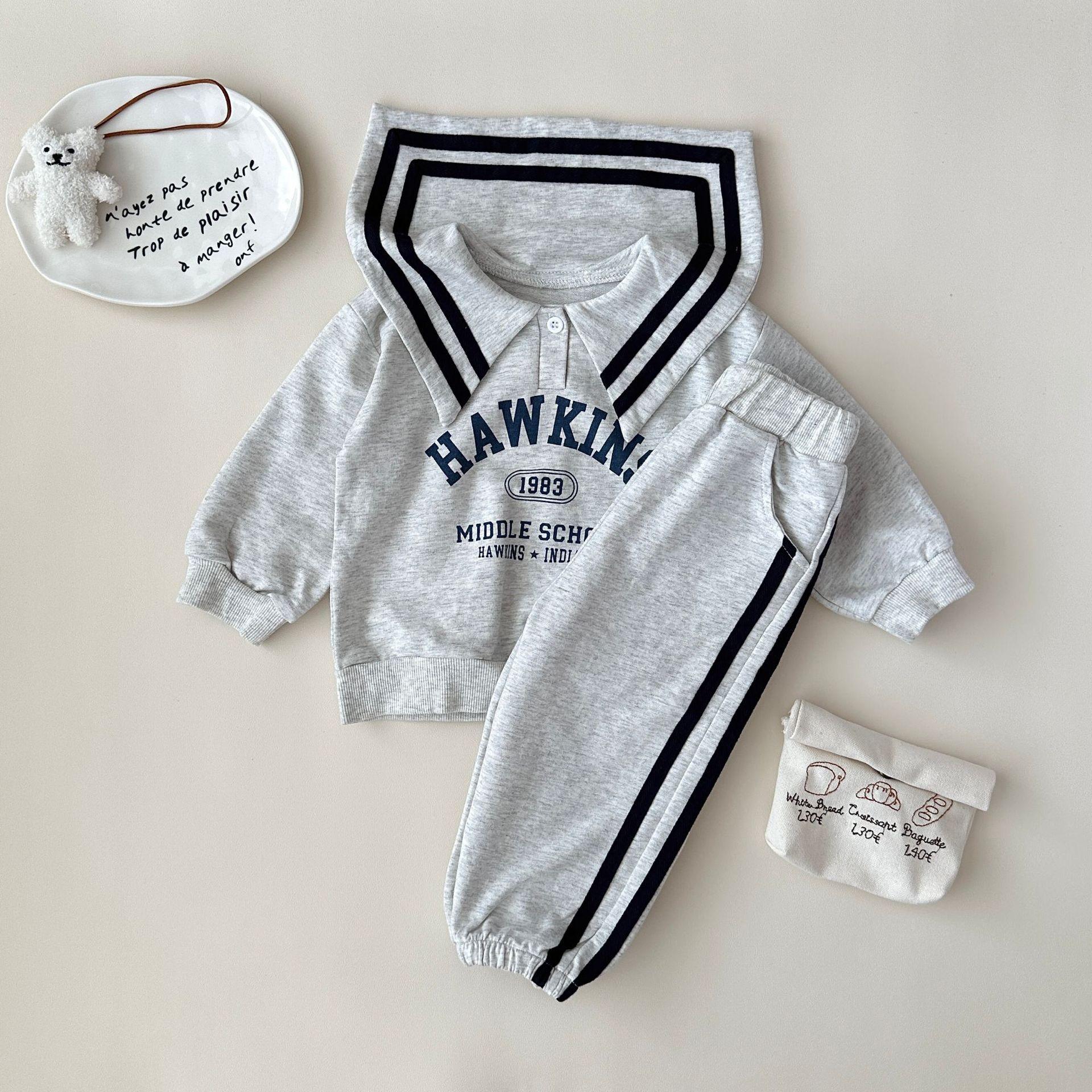 y745 - Striped Lettering Navy Collar Long-Sleeved Top And Pants Set - Image 8