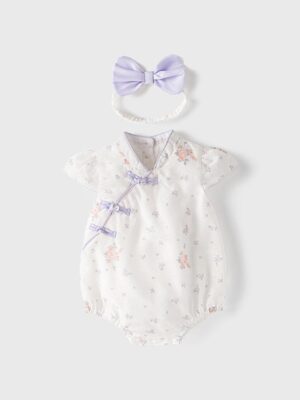 y697 - CNY Collections _ Flower Romper With Purple Ribbon Headband - 图片 1
