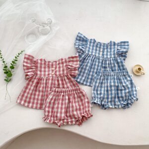 y721 - Cotton Thin Plaid Short Sleeve Shorts Set - Image 3