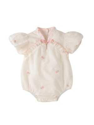 y693 - CNY Collections _ Mini Pink Flower Puff Sleeves Romper - 图片 6