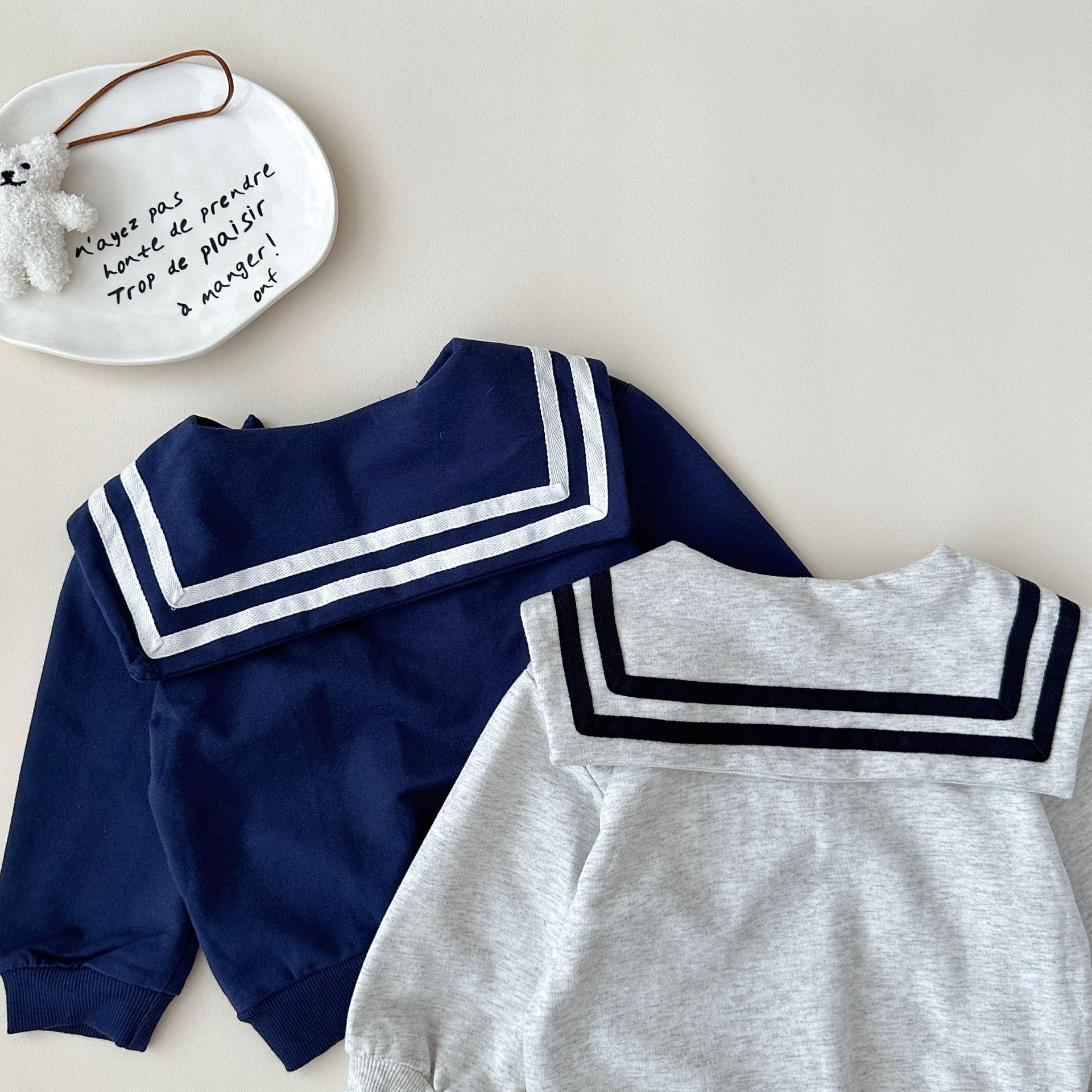 y745 - Striped Lettering Navy Collar Long-Sleeved Top And Pants Set - Image 3