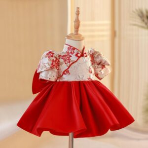 y599 -  CNY Collections -  Floral Puff Sleeve Red Flower Princess Dress - 图片 3