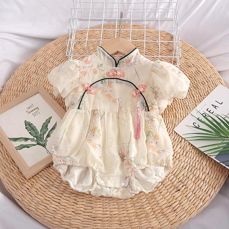 y584 - CNY Collections _ Golden Thread Embroidery Flowers Cheongsam Puff Sleeves Romper & Dress - Image 4