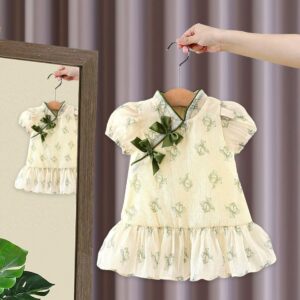 y516 - CNY Collections _ Chinese Style Cheongsam Double Ribbon Short Sleeves Flowers Dress - 图片 2