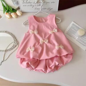y629 - Sister Outfit - Bow Flower Petal Skirt and Sleeveless Vest Shorts Set - 图片 3