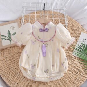 y585 - CNY Collections _ Chinese Style Purple Flowers Cheongsam Puff Sleeves Romper & Dress - 图片 3