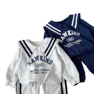 y745 - Striped Lettering Navy Collar Long-Sleeved Top And Pants Set - 图片 6