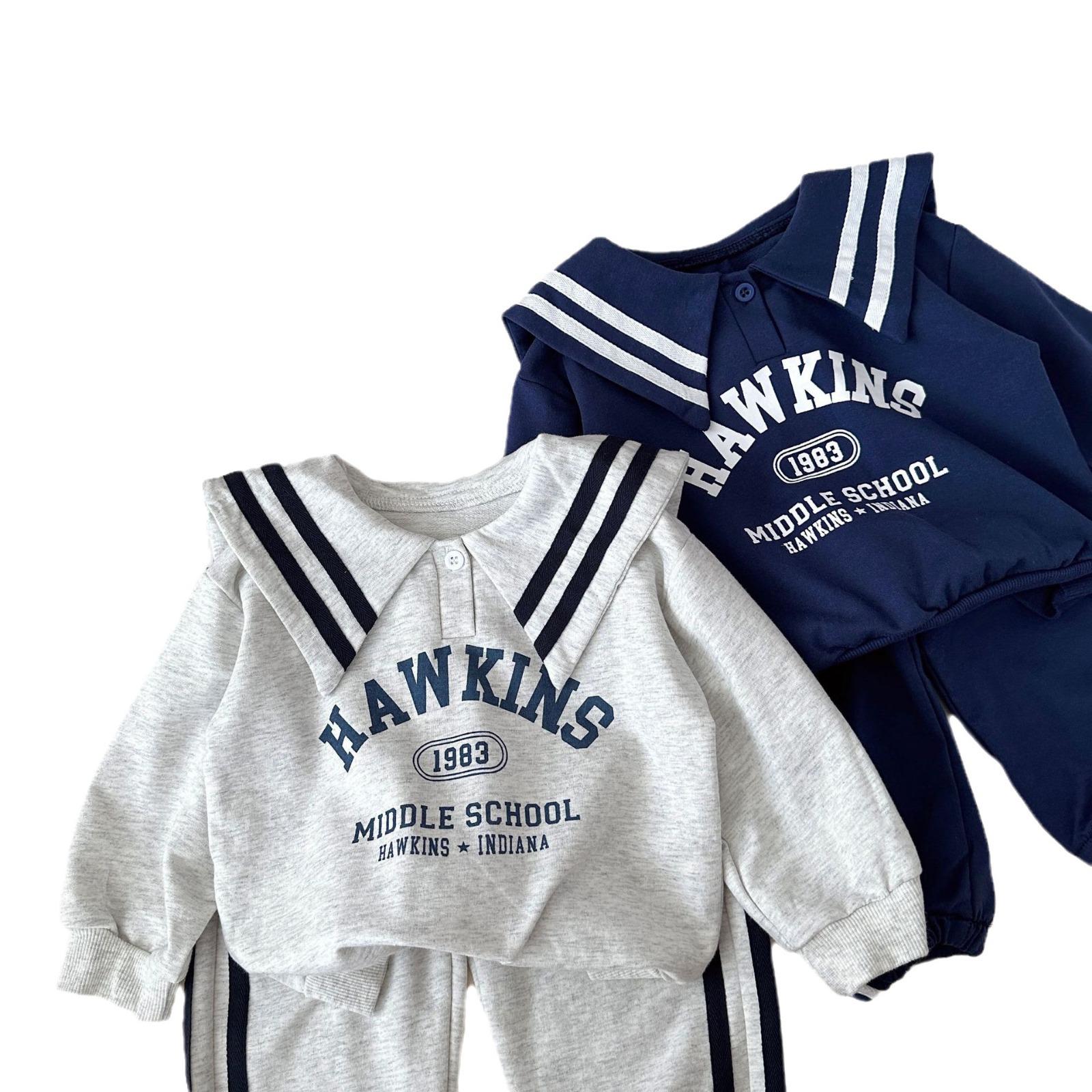 y745 - Striped Lettering Navy Collar Long-Sleeved Top And Pants Set - Image 6