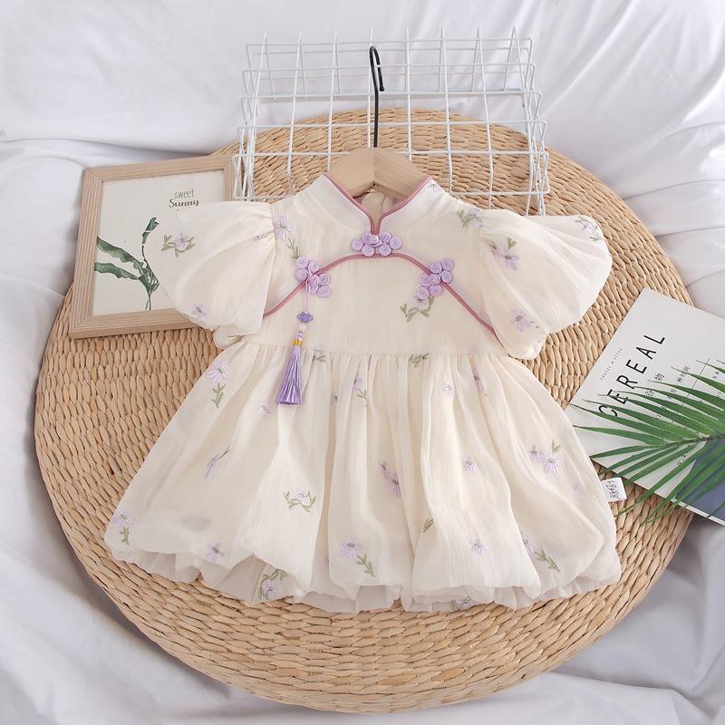 y585 - CNY Collections _ Chinese Style Purple Flowers Cheongsam Puff Sleeves Romper & Dress - 图片 2