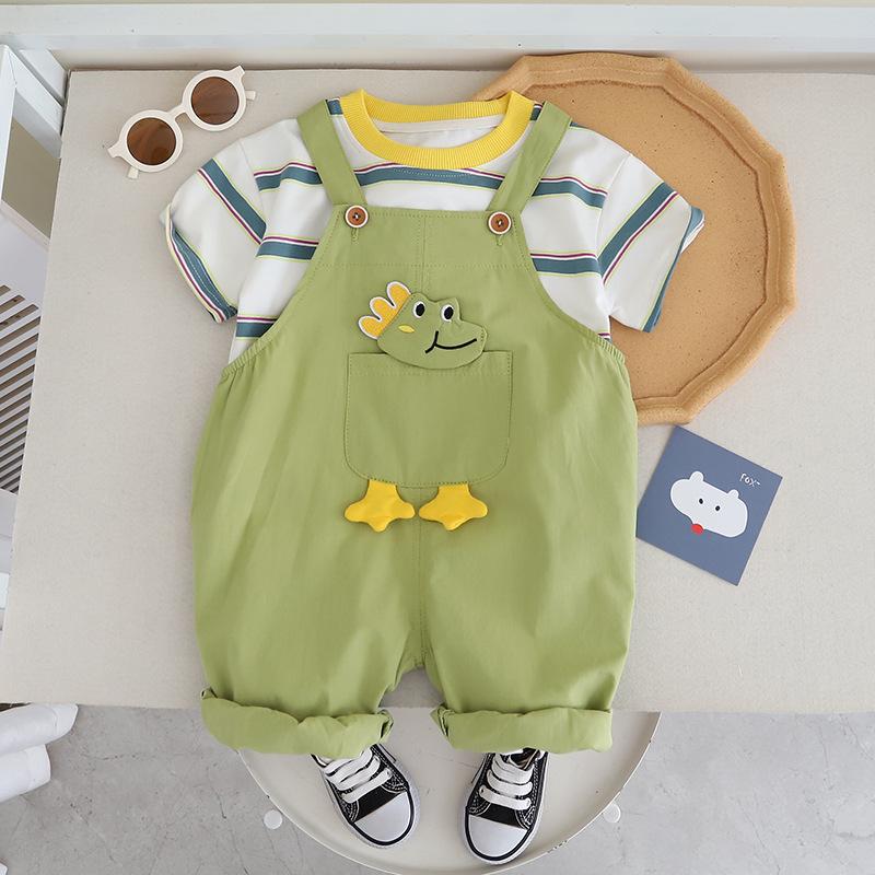 y649 - Green Pocket Dinosaur Overalls And Short Sleeve Set - Image 1