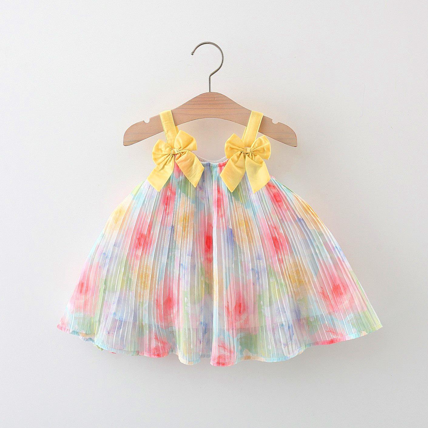 y500 - Yellow Ribbon Colorful Flower Sling Dress - Image 1