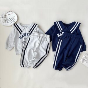 y745 - Striped Lettering Navy Collar Long-Sleeved Top And Pants Set - 图片 5