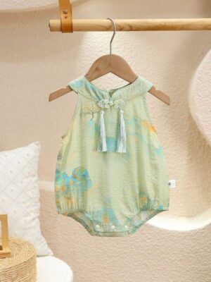 y657 - CNY Collections(Girls) _ Landscape Painting Green Romper - Image 5