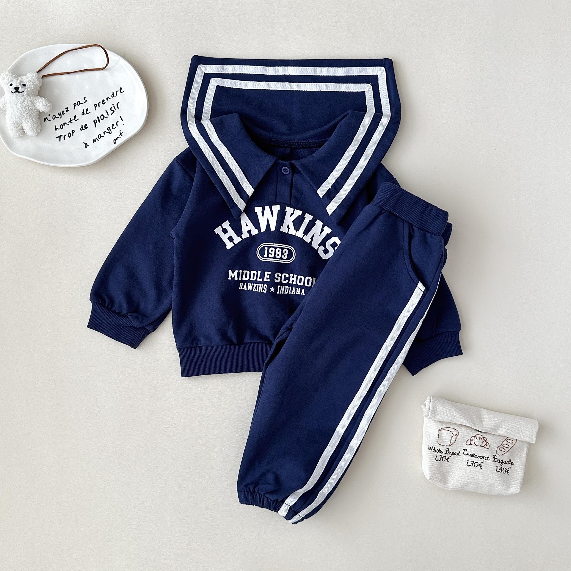 y745 - Striped Lettering Navy Collar Long-Sleeved Top And Pants Set - Image 7