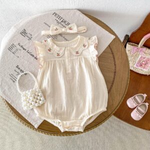 y486 - Cherry Flying Sleeves Romper with Headband - Image 5