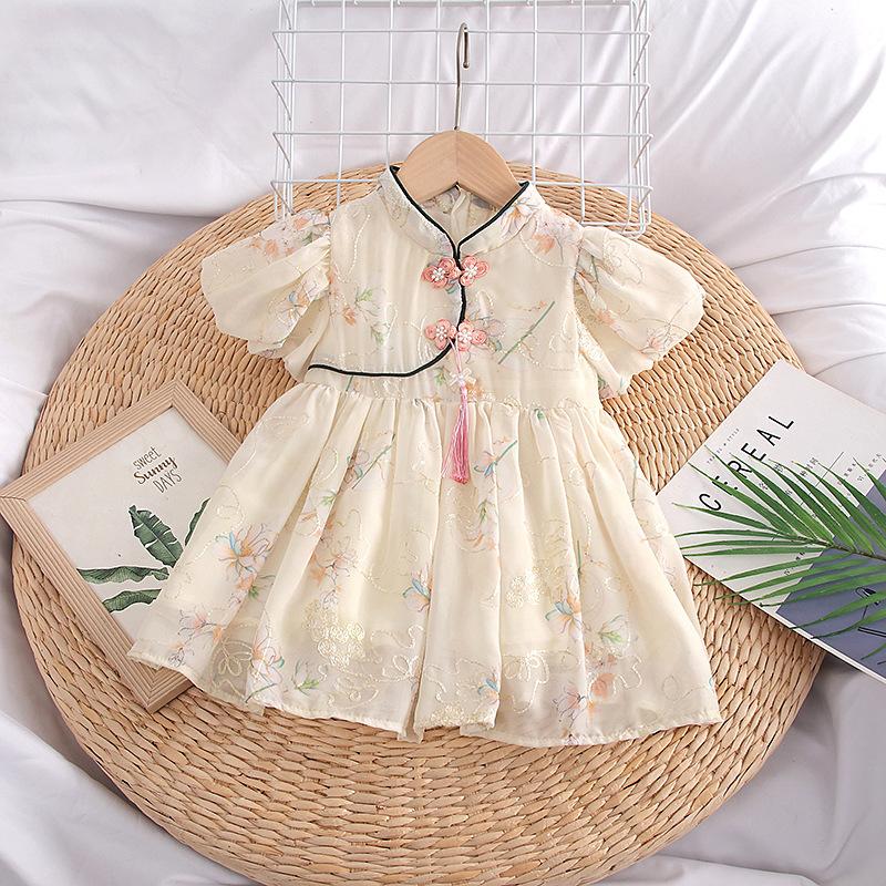 y584 - CNY Collections _ Golden Thread Embroidery Flowers Cheongsam Puff Sleeves Romper & Dress - Image 2