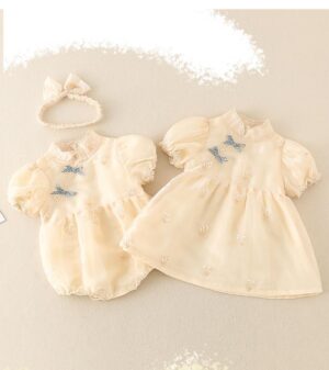 y563 - CNY Collections _ Chinese Style Puff Sleeves Dress & Romper with Headband - 图片 1