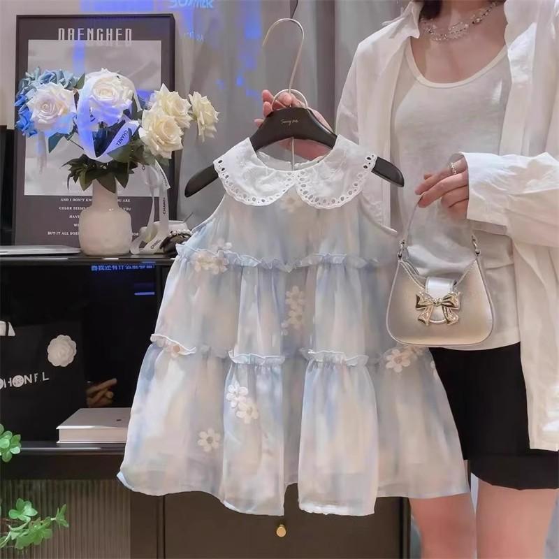 y656 - Blue Floral Embroidered Sleeveless Dress - Image 1
