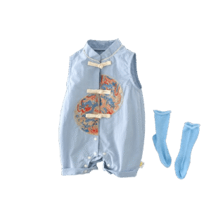 y637 - CNY Collections _ Chinese Style Light Blue Dragon Short Sleeves Jumper - 图片 2