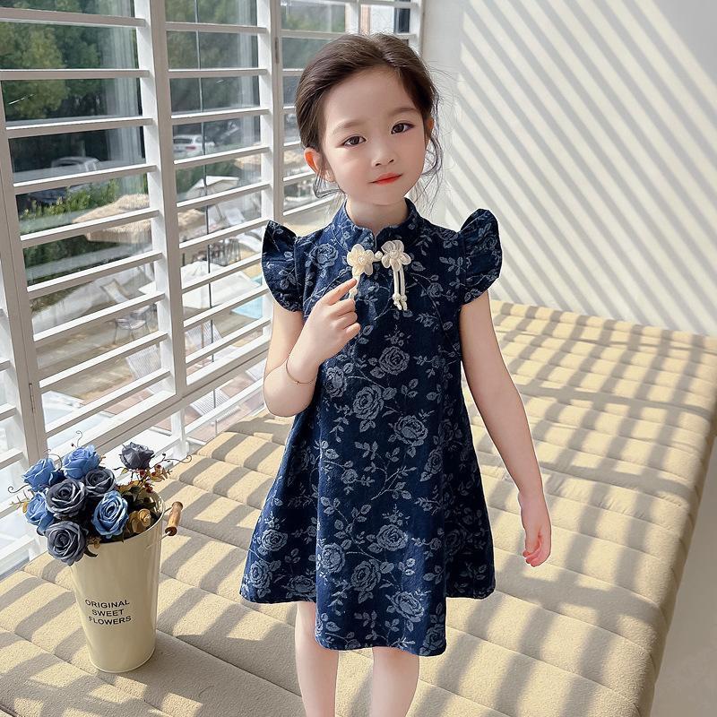 y604 - CNY Collections - Denim Flying Sleeves Cheongsam Dress - Image 1