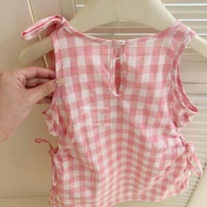 y708 - Pink And White Check Bowknot Vest Skirt - Image 3